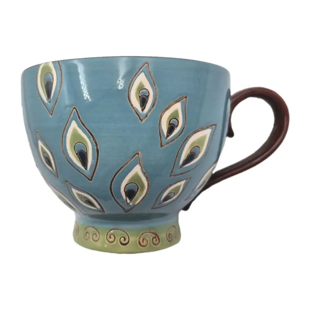 Pier 1 Handpainted Peacock Feathers Footed Mug 16oz Dolomite GORGEOUS